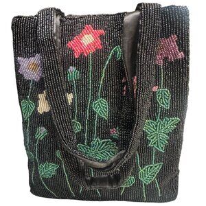 VTG Womens Mini ALL Beaded Tote Handbag Black w/Flower Botanical Wearable Art